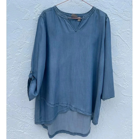 Chicos Womens Long Sleeve High Low Asymmetrical Denim Blue Top Sz 3 - Picture 11 of 11